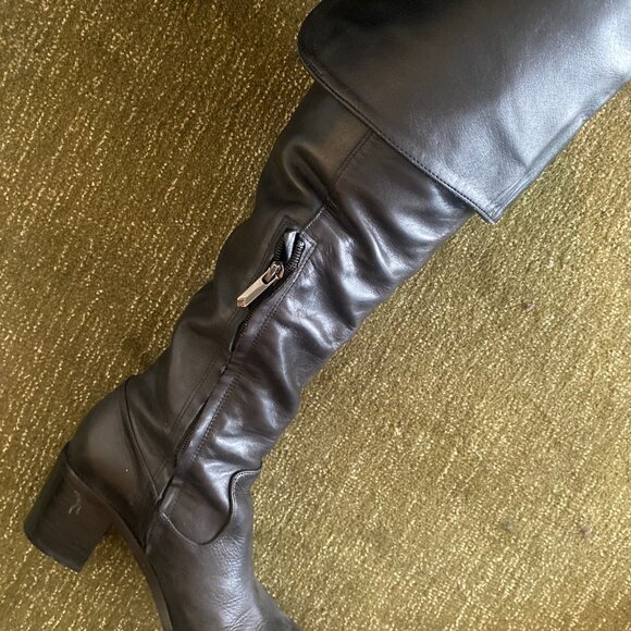 Black Heeled Leather Fold Over Boots - Picture 2 of 5